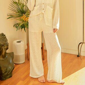 MYSTREE Cream Chevron Knit Wide Leg Lounge Pants Boho Coastal Pull On Drawstring